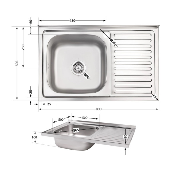 Кухонна мийка Brinex 5080-L 0,6 мм Satin (BRIN5080LSAT06)
