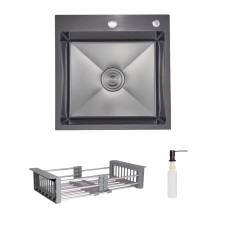Комплект Lidz Handmade H5050HB Мийка для кухні інтегрована Decor Black PVD Honeycomb у комплекті з дозатором + Lidz LIDZK01B Корзина для кухонної мийки