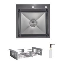 Комплект Lidz Handmade H5050HB Мийка для кухні інтегрована Decor Black PVD Honeycomb у комплекті з дозатором + Lidz LIDZK01B Корзина для кухонної мийки