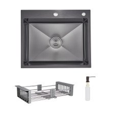 Комплект Lidz Handmade H6050HB Мийка для кухні інтегрована Decor Black PVD Honeycomb у комплекті з дозатором + LIDZK01B Корзина для кухонної мийки