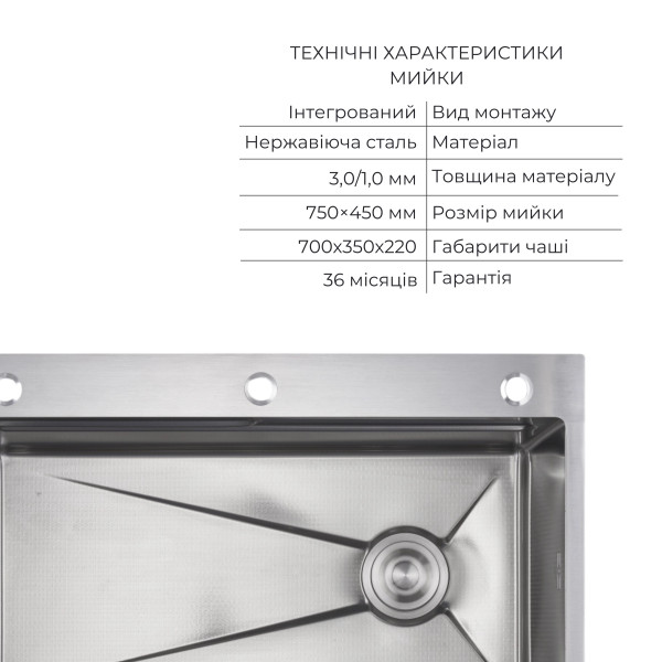 Комплект Lidz Handmade H7545 Мийка для кухні інтегрована Decor Honeycomb LDH7545DEC48372 + Lidz (BLA) Подрібнювач для кухонного миття