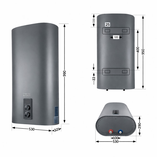 Водонагрівач електричний Thermo Alliance 80 л, Grey,  плоский вертикальний, сухий ТЕН 2 кВт (0,8+1,2) DT80V20GPDD2G
