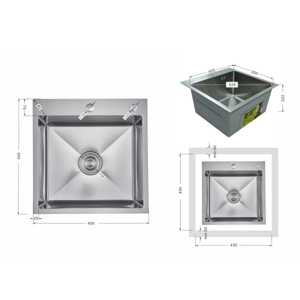 Мийка для кухні інтегрована Lidz Handmade H4545H Decor Honeycomb 2,5/0,5 мм LDH4545HDEC49437