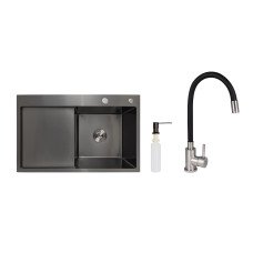 Акційний набір Lidz: мийка H7849BL інтегрована крило зліва Brushed Black PVD 3,0/1,0 мм + Змішувач Aria для кухні з гнучким виливом (k35) Black