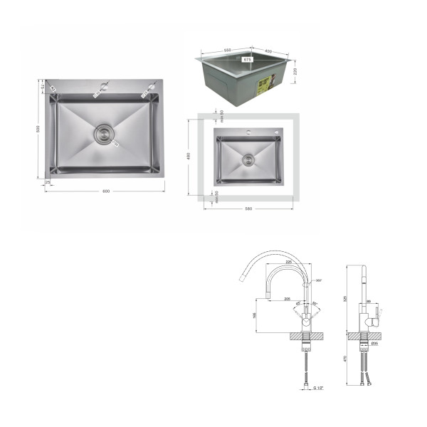 Акційний набір Lidz: мийка H6050H інтегрована Decor Honeycomb 2,5/0,5 мм LDH6050DEC48370 + Змішувач Aria для кухні з гнучким виливом (k35) Grey