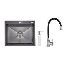 Акційний набір Lidz: мийка інтегрована 6050 Decor Black PVD Honeycomb 2,5/0,5 мм + Змішувач Aria для кухні з гнучким виливом (k35) Black