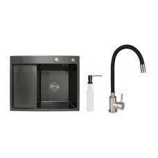 Акційний набір Lidz: мийка H6350BL інтегрована крило зліва Brushed Black PVD 3,0/1,0 мм + Змішувач Aria для кухні з гнучким виливом (k35) Black