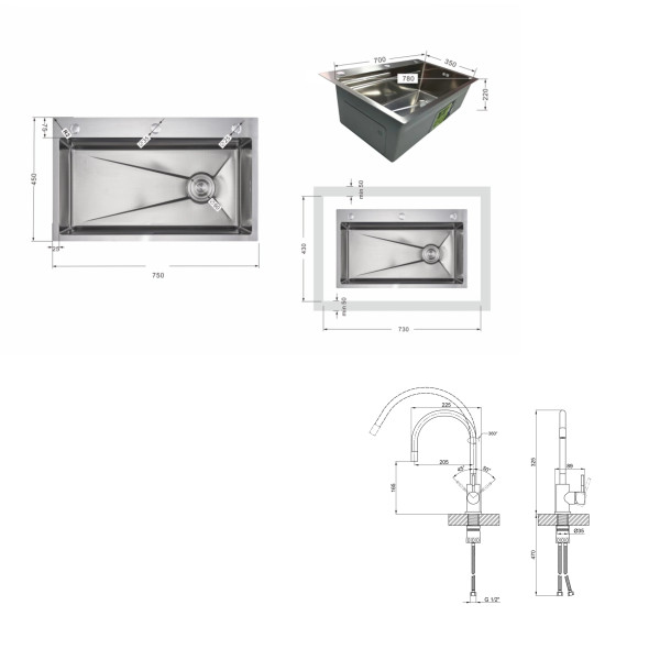 Акційний набір Lidz: мийка H7545 інтегрована Decor Honeycomb 3,0/1,0 мм LDH7545DEC48372 + Змішувач Aria для кухні з гнучким виливом (k35) Grey