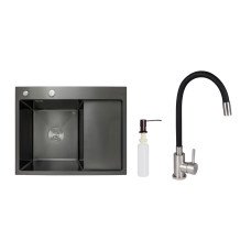 Акційний набір Lidz: мийка H6350BR інтегрована крило справа Brushed Black PVD 3,0/1,0 мм + Змішувач Aria для кухні з гнучким виливом (k35) Black