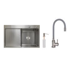 Акційний набір Lidz: мийка H7849L інтегрована крило зліва Brushed Steel 3,0/1,0 мм + Змішувач Aria для кухні з гнучким виливом (k35) Grey
